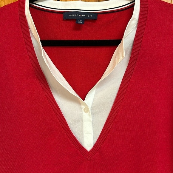 Tommy Hilfiger Solid V-Neck Two in One Red/White Sweater Blouse Large - Picture 2 of 6
